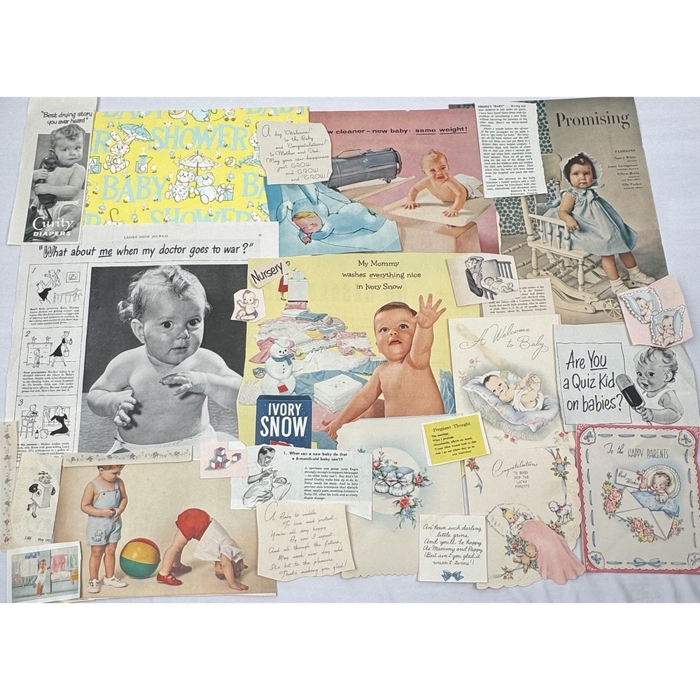 VTG MCM Baby Ephemera Lot Magazines Cards Junk Journal Mix Media Decoupageโ